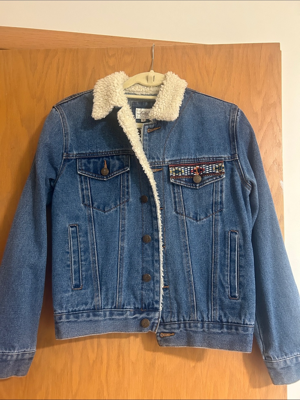 Sherpa trim Blue Denim Jacket with Embroidered Chest - Women